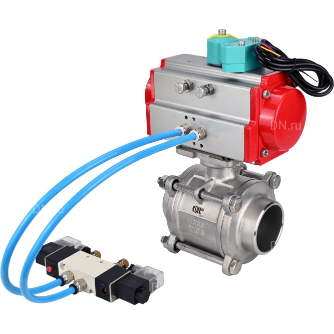 Кран шаровой BV3232P(3pc)-FP-W-ISO-H WDVF Ду15 Ру63 полнопроходной, трехсоставной, корпус - нержавеющая сталь 316, PTFE, под приварку, с пневмоприводом PA-DA-052, пневмораспределителем 4V320-08 AC220V и магнитным переключателем ALS200D в Алматы
