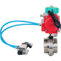 Затвор дисковый поворотный WBV3131S-2W-T-H Ду20 Ру10 резьбовой, пищевая нержавеющая сталь 304, уплотнение - Silicon, с пневмоприводом PA-DA-052, пневмораспределителем 4V320-10 AC220V и магнитным переключателем ALS200D