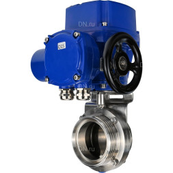 Затвор дисковый поворотный WBV3131E-2W-T-H Ду25 Ру10 резьбовой, корпус - пищевая нержавеющая сталь 304, уплотнение - EPDM, с электроприводом QT-N-005M-O2-220VAC-У1 с моментной муфтой и штурвалом