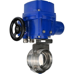 Затвор дисковый поворотный WBV3131E-2W-T-H Ду25 Ру10 резьбовой, корпус - пищевая нержавеющая сталь 304, уплотнение - EPDM, с электроприводом QT-N-005M-O2-220VAC-У1 с моментной муфтой и штурвалом