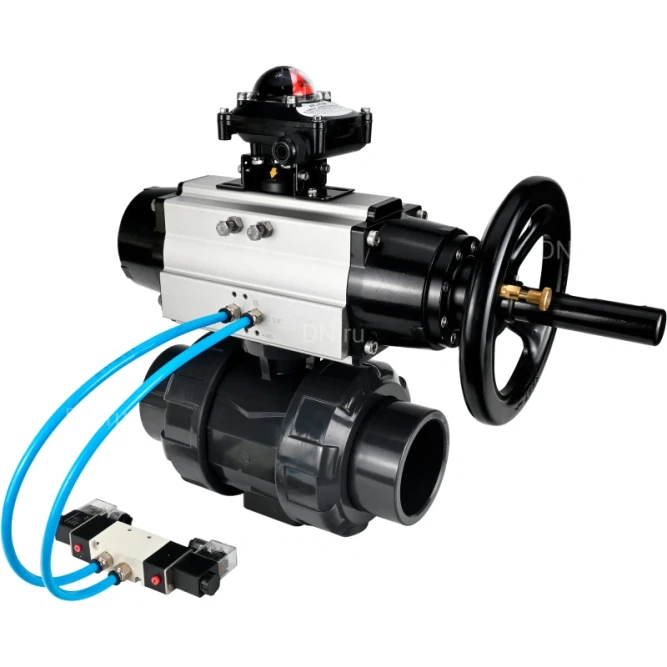 Кран шаровой BV4242E-FP-GRM-ISO Дн100 Ру10 полнопроходной, корпус - НПВХ, шар - НПВХ, уплотнение - EPDM, с пневмоприводом PA-DA-105-1, пневмораспределителем 4V320-10 AC220V и БКВ APL-210N в Алматы