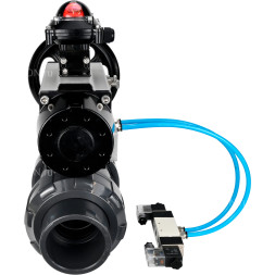 Кран шаровой BV4242E-FP-GRM-ISO Дн100 Ру10 полнопроходной, корпус - НПВХ, шар - НПВХ, уплотнение - EPDM, с пневмоприводом PA-DA-105-1, пневмораспределителем 4V320-10 AC220V и БКВ APL-210N