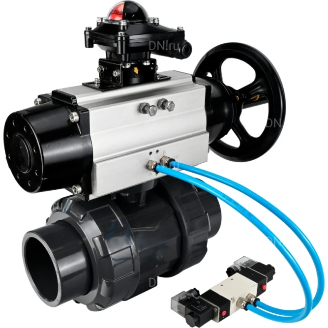 Кран шаровой BV4242E-FP-GRM-ISO Дн100 Ру10 полнопроходной, корпус - НПВХ, шар - НПВХ, уплотнение - EPDM, с пневмоприводом PA-DA-105-1, пневмораспределителем 4V320-10 AC220V и БКВ APL-210N в Алматы
