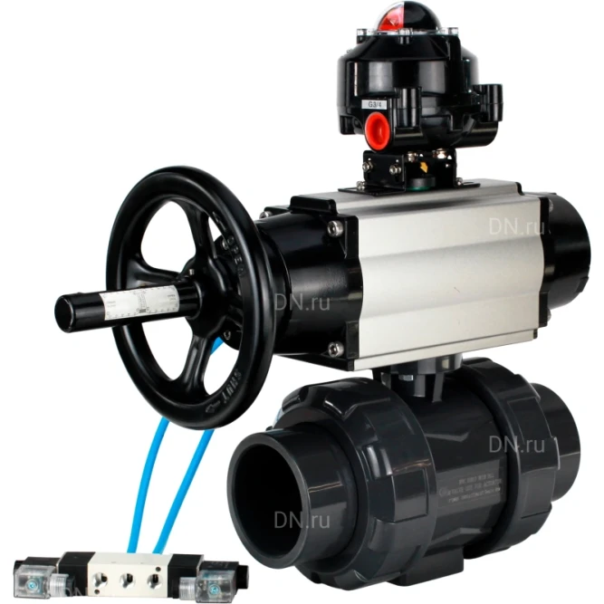 Кран шаровой BV4242E-FP-GRM-ISO Дн15 Ру10 полнопроходной, корпус - НПВХ, шар - НПВХ, уплотнение - EPDM, с пневмоприводом PA-DA-105-1, пневмораспределителем 4V320-10 AC220V и БКВ APL-510N EX в Алматы