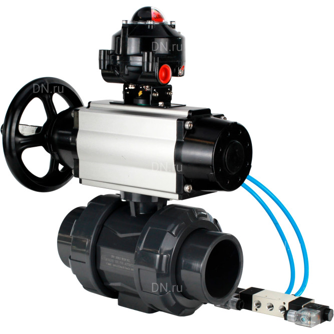 Кран шаровой BV4242E-FP-GRM-ISO Дн15 Ру10 полнопроходной, корпус - НПВХ, шар - НПВХ, уплотнение - EPDM, с пневмоприводом PA-DA-105-1, пневмораспределителем 4V320-10 AC220V и БКВ APL-510N EX в Алматы
