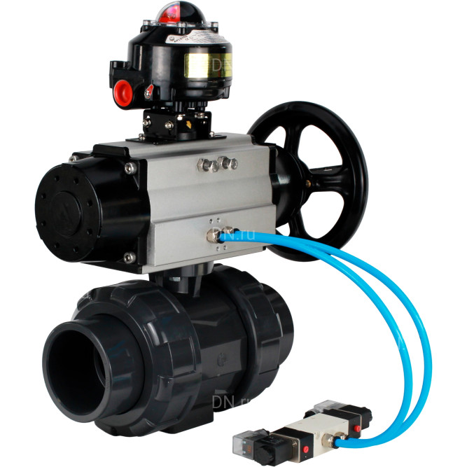 Кран шаровой BV4242E-FP-GRM-ISO Дн15 Ру10 полнопроходной, корпус - НПВХ, шар - НПВХ, уплотнение - EPDM, с пневмоприводом PA-DA-105-1, пневмораспределителем 4V320-10 AC220V и БКВ APL-510N EX в Алматы