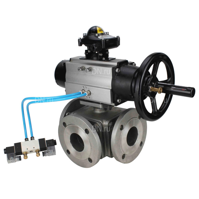 Кран шаровой BV3232P(4pc)-FP-3WL-F Ду100 Ру16 полнопроходной трехходовой, фланцевый, корпус - нержавеющая сталь SS316, с пневмоприводом PA-DA-105-1 двойного действия, пневмораспределителем 4V320-08 AC220V и БКВ APL-210N в Алматы