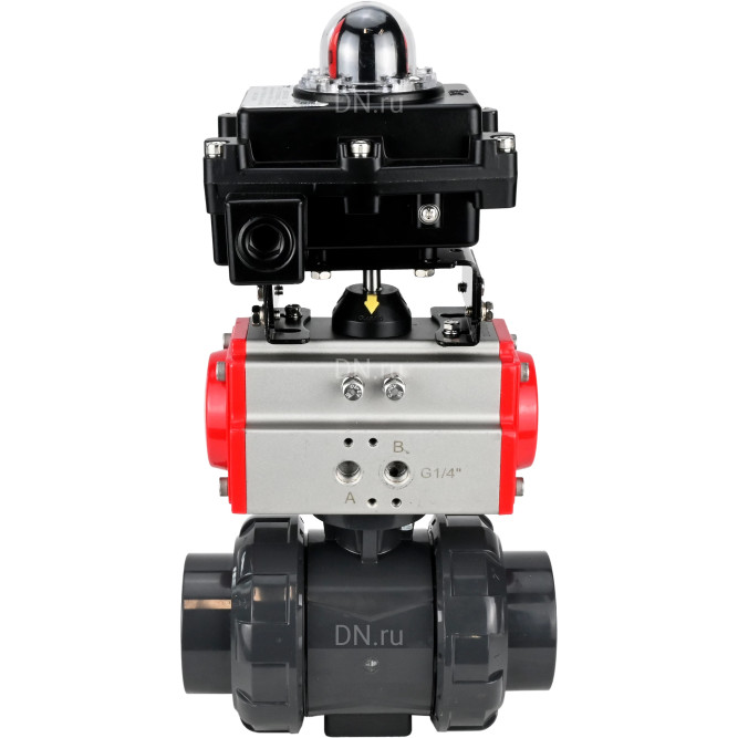 Кран шаровой BV4242E-FP-GRM-ISO Дн25 Ру10 полнопроходной, корпус - НПВХ, шар - НПВХ, уплотнение - EPDM, с пневмоприводом PA-SA-052 и БКВ APL-410N EX в Алматы