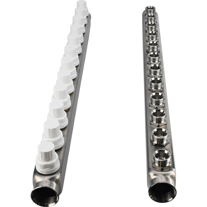 Коллекторная группа GC3-31-12 1″ Ду25 Ру10 отводов — 12, в сборе с терморегулирующими клапанами и запорно-балансировочными клапанами, без переходников, корпус - нержавеющая сталь AISI 304 в Алматы