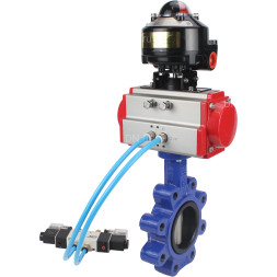 Затвор дисковый поворотный WBV1631N-2W-Fb-H Ду125 Ру16 LUG корпус - чугун QT450, диск - нержавеющая сталь 304, уплотнение - NBR, с пневмоприводом PA-DA-105, пневмораспределителем 4V320-08 AC220V и БКВ APL-510N EX