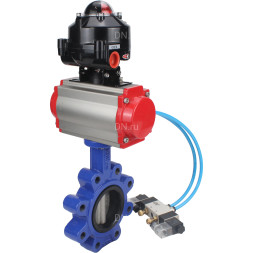 Затвор дисковый поворотный WBV1631N-2W-Fb-H Ду125 Ру16 LUG корпус - чугун QT450, диск - нержавеющая сталь 304, уплотнение - NBR, с пневмоприводом PA-DA-105, пневмораспределителем 4V320-08 AC220V и БКВ APL-510N EX