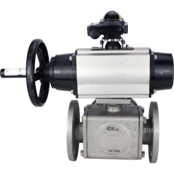Кран шаровой BV3232P(4pc)-FP-3WL-F Ду100 Ру16 полнопроходной трехходовой, фланцевый, корпус - нержавеющая сталь SS316, с пневмоприводом PA-DA-105-1 двойного действия и БКВ APL-210N