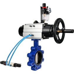 Затвор дисковый поворотный WBV1616E-2W-Fb-H Ду125 Ру16 LUG корпус - чугун QT450, диск - чугун QT450, уплотнение - EPDM, с пневмоприводом PA-DA-105-1, пневмораспределителем 4V320-08 AC220V и БПВ AFC2000