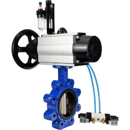 Затвор дисковый поворотный WBV1616E-2W-Fb-H Ду125 Ру16 LUG корпус - чугун QT450, диск - чугун QT450, уплотнение - EPDM, с пневмоприводом PA-DA-105-1, пневмораспределителем 4V320-08 AC220V и БПВ AFC2000