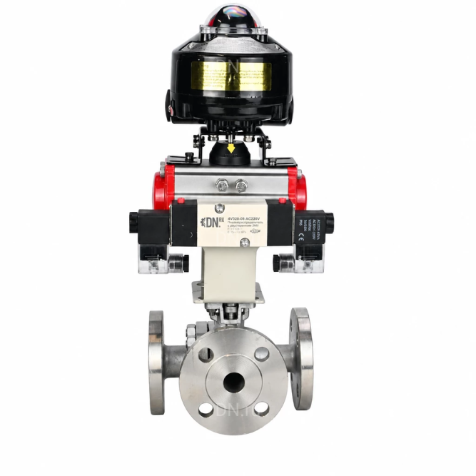 Кран шаровой BV3232P(2pc)-FP-3WL-F-ISO-H Ду50 Ру16 HYMT трехходовой L-тип, полнопроходной, фланцевый, корпус - нержавеющая сталь AISI316, с пневмоприводом PA-DA-065, пневмораспределителем 4M320-10 AC220V и БКВ APL-510N EX в Алматы