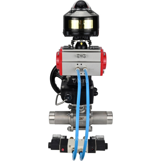 Кран шаровой BV3232P(3pc)-FP-W-ISO-H LONG Ду10 Ру63, полнопроходной, нержавеющая сталь 316, уплотнение - PTFE, под приварку, с пневмоприводом PA-DA-052, с пневмораспределителем 4V320-10 AC220V, БКВ APL-510N Ex, ручным дублером MON1-250-T26-ISO в Алматы