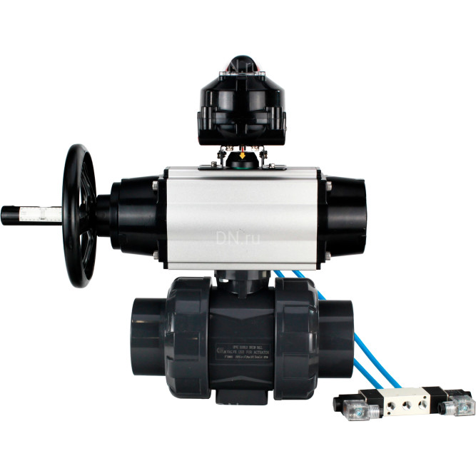 Кран шаровой BV4242E-FP-GRM-ISO Дн32 Ру10 полнопроходной, корпус - НПВХ, шар - НПВХ, уплотнение - EPDM, с пневмоприводом PA-DA-105-1, пневмораспределителем 4V320-10 AC220V и БКВ APL-510N EX в Алматы