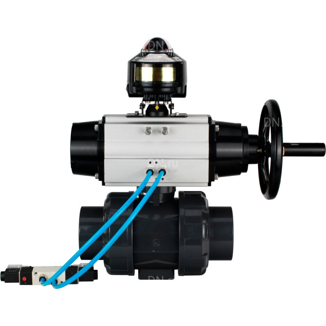 Кран шаровой BV4242E-FP-GRM-ISO Дн32 Ру10 полнопроходной, корпус - НПВХ, шар - НПВХ, уплотнение - EPDM, с пневмоприводом PA-DA-105-1, пневмораспределителем 4V320-10 AC220V и БКВ APL-510N EX в Алматы