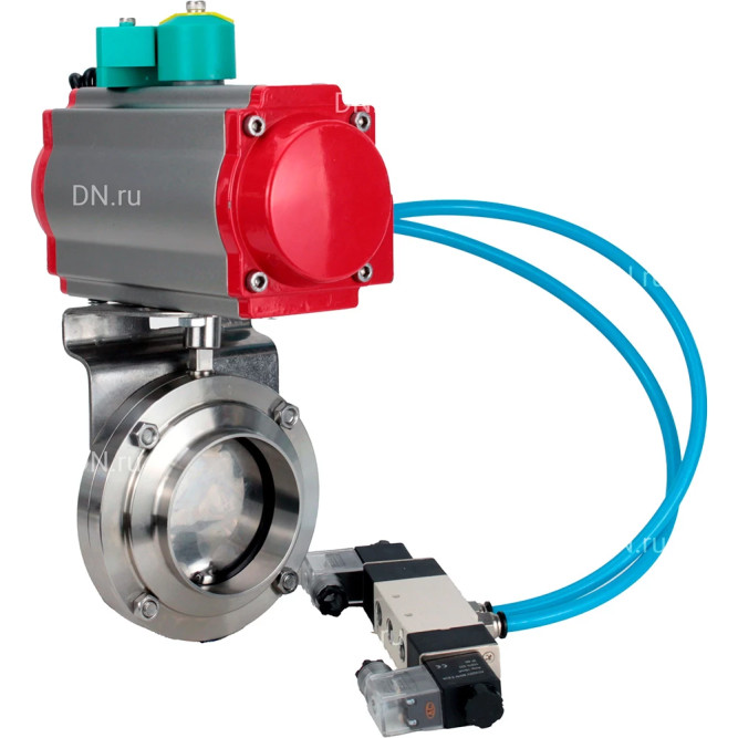 Затвор дисковый поворотный WBV3131S-2W-W-H Ду50 Ру10, под приварку, пищевая нержавеющая сталь 304, уплотнение - Silicon, с пневмоприводом PA-DA-052, пневмораспределителем 4M320-08 AC220V и магнитным переключателем ALS200D в Алматы