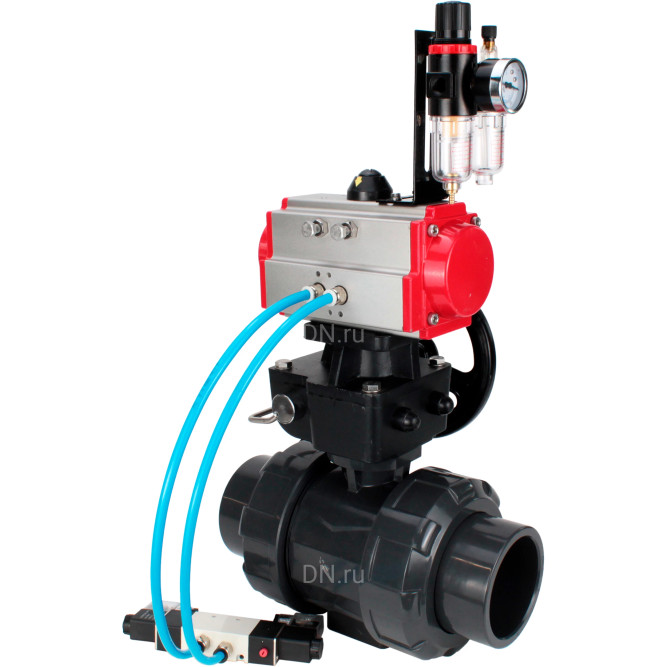 Кран шаровой BV4242E-FP-GRM-ISO Дн32 Ру10 полнопроходной, корпус - НПВХ, шар - НПВХ, уплотнение - EPDM, с пневмоприводом PA-DA-052, пневмораспределителем 4V320-08 AC220V, ручным дублером MON1-250-T26-ISO и БПВ AFC2000 в Алматы