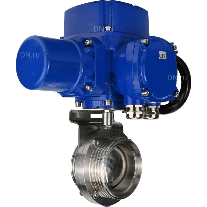 Затвор дисковый поворотный WBV3131E-2W-T-H Ду80 Ру10 резьбовой, корпус - пищевая нержавеющая сталь 304, уплотнение - EPDM, с электроприводом QT-N-005M-O2-220VAC-У1 с моментной муфтой и штурвалом в Алматы