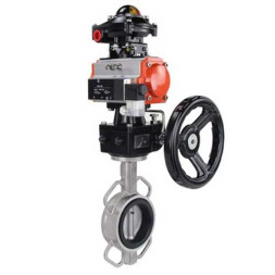 Затвор дисковый поворотный WBV3232V-2W-Fb-H Ду100 Ру16, корпус - нерж.сталь 316L, диск - нерж.сталь 316L, уплотнение - Viton, с пневмоприводом PA-DA-083, пневмораспределителем 4M320-08 AC220V, БКВ APL-410N EX, ручным дублером MON2-450-T28-ISO