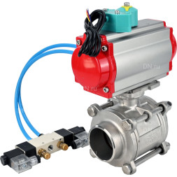 Кран шаровой BV3232P(3pc)-FP-W-ISO-H WDVF Ду25 Ру63 полнопроходной, трехсоставной, корпус - нержавеющая сталь 316, PTFE, под приварку, с пневмоприводом PA-DA-052, пневмораспределителем 4V320-10 AC220V и магнитным переключателем ALS200D