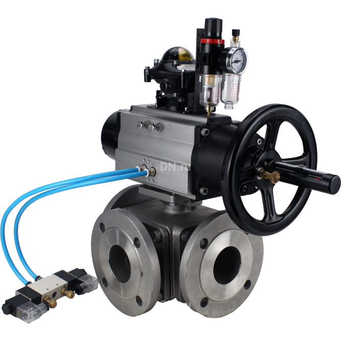 Кран шаровой BV3232P(4pc)-FP-3WL-F Ду100 Ру16 полнопроходной трехходовой, фланцевый, корпус - нержавеющая сталь SS316, с пневмоприводом PA-DA-105-1, пневмораспределителем 4V320-08 AC220V, БКВ APL-210N и БПВ AFC2000 в Алматы