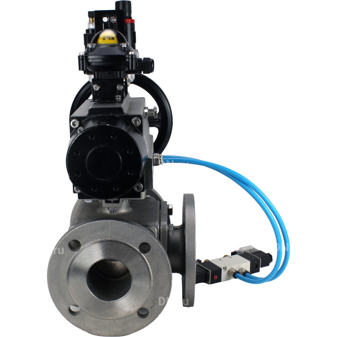 Кран шаровой BV3232P(4pc)-FP-3WL-F Ду100 Ру16 полнопроходной трехходовой, фланцевый, корпус - нержавеющая сталь SS316, с пневмоприводом PA-DA-105-1, пневмораспределителем 4V320-08 AC220V, БКВ APL-210N и БПВ AFC2000 в Алматы