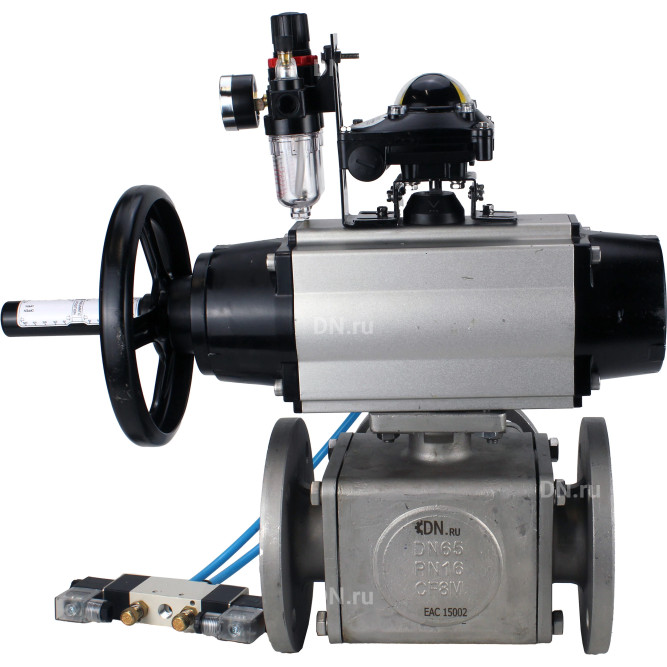 Кран шаровой BV3232P(4pc)-FP-3WL-F Ду100 Ру16 полнопроходной трехходовой, фланцевый, корпус - нержавеющая сталь SS316, с пневмоприводом PA-DA-105-1, пневмораспределителем 4V320-08 AC220V, БКВ APL-210N и БПВ AFC2000 в Алматы