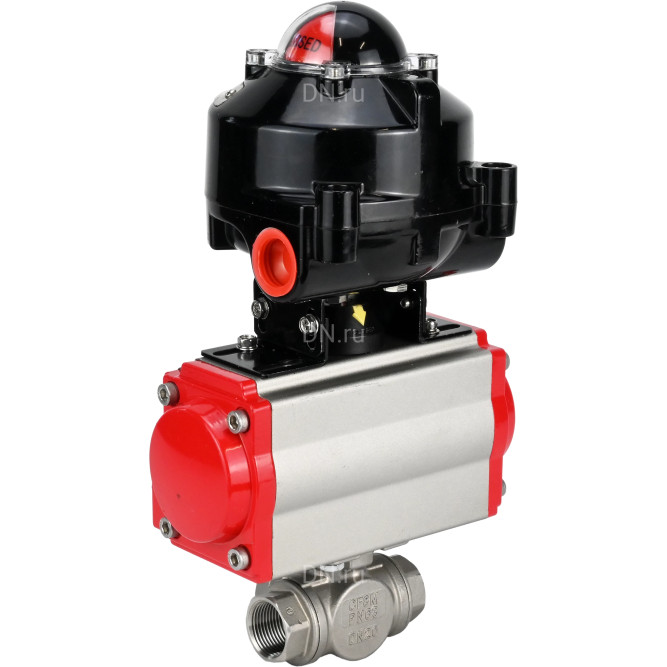 Кран шаровой BV3232P(4pc)-SP-3WL-T-ISO-H 3/8″ Ду10 Ру63 стандартнопроходной трехходовой L-тип, нержавеющая сталь SS316, внутренняя резьба, уплотнение - PTFE, с пневмоприводом PA-DA-52 и БКВ APL-510N-EX в Алматы
