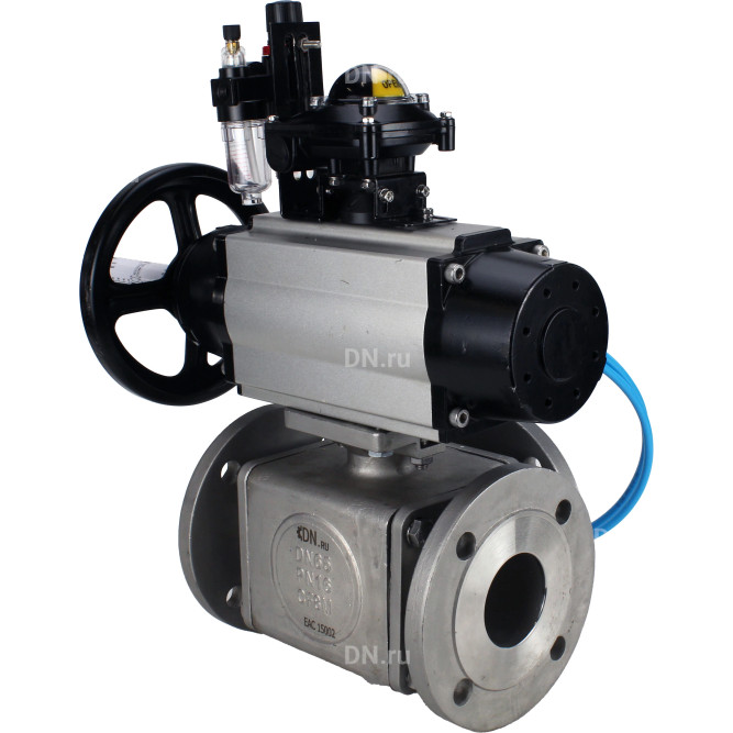 Кран шаровой BV3232P(4pc)-FP-3WL-F Ду100 Ру16 полнопроходной трехходовой, фланцевый, корпус - нержавеющая сталь SS316, с пневмоприводом PA-DA-105-1, пневмораспределителем 4V320-10 AC220V, БКВ APL-210N и БПВ AFC2000 в Алматы
