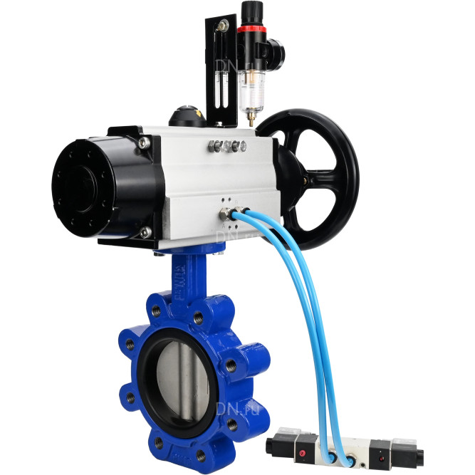 Затвор дисковый поворотный WBV1631E-2W-Fb-H Ду125 Ру16 LUG корпус - чугун QT450, диск - нержавеющая сталь 304, уплотнение - EPDM, с пневмоприводом PA-DA-105-1, пневмораспределителем 4V320-10 AC220V и БПВ AFC2000 в Алматы