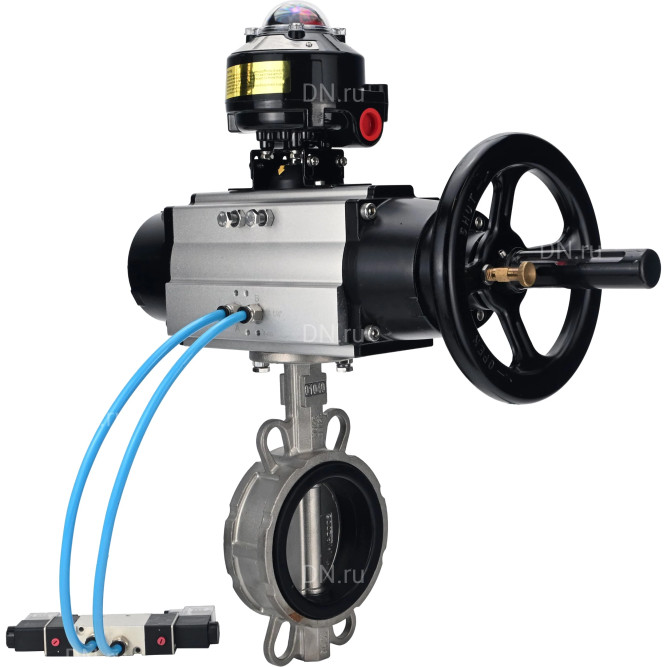 Затвор дисковый поворотный WBV3232E-2W-Fb-H Ду150 Ру16, корпус - нержавеющая сталь 316L, диск - нержавеющая сталь 316L, уплотнение - EPDM, с пневмоприводом PA-DA-105-1 двойного действия, с пневмораспределителем 4V320-08 AC220V, с БКВ APL-510N EX в Алматы