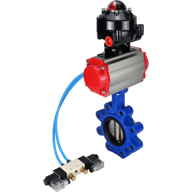 Затвор дисковый поворотный WBV1616E-2W-Fb-H Ду100 Ру16 LUG корпус - чугун QT450, диск - чугун QT450, уплотнение - EPDM, с пневмоприводом PA-DA-083, пневмораспределителем 4V320-08 AC220V и БКВ APL-510N EX в Алматы
