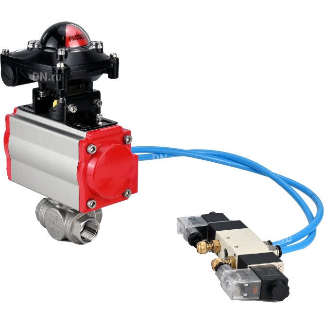 Кран шаровой BV3232P(4pc)-SP-3WL-T-ISO-H Ду40 Ру63, стандартнопроходной, четырехсоставной, корпус - нержавеющая сталь 316, уплотнение - PTFE, внутренняя резьба, с пневмоприводом PA-DA-065, пневмораспределителем 4V320-10 AC220V, БКВ APL-210N в Алматы