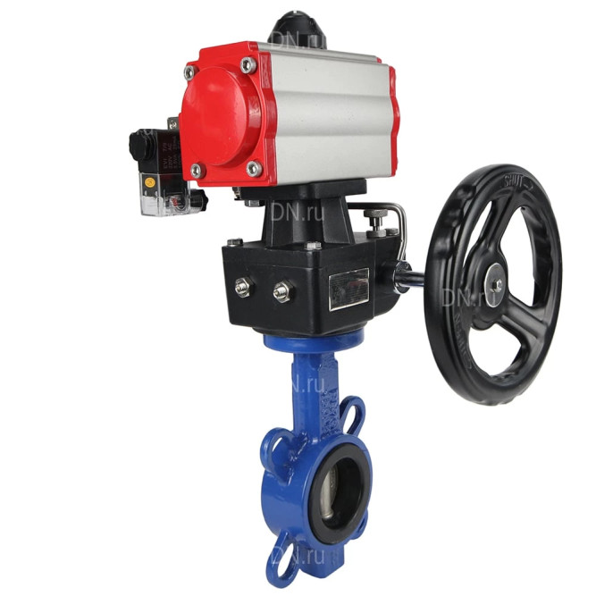 Затвор дисковый поворотный WBV3432V-2W-Fb-H Ду65 Ру16, корпус - углеродистая сталь WCB, диск - нержавеющая сталь 316L, уплотнение - Viton, с пневмоприводом PA-DA-065, пневмораспределителем 4M310-08 AC220V, ручным дублером MON1-250-T26-ISO в Алматы