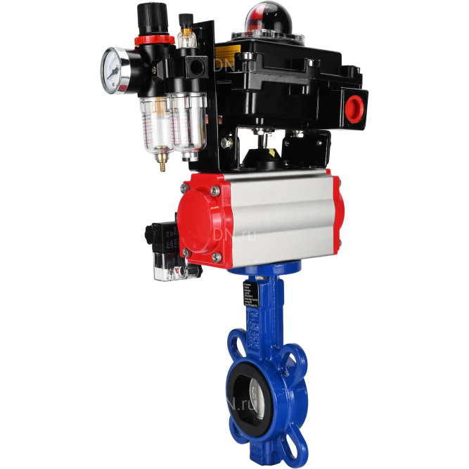 Затвор дисковый поворотный WBV1432N-2W-Fb-H Ду125 Ру16, корпус - чугун GGG50, диск - нержавеющая сталь 316L, уплотнение - NBR, с пневмоприводом PA-DA-105, пневмораспределителем 4M310-08 DC24V, БКВ APL-410N EX, БПВ AFC2000 в Алматы