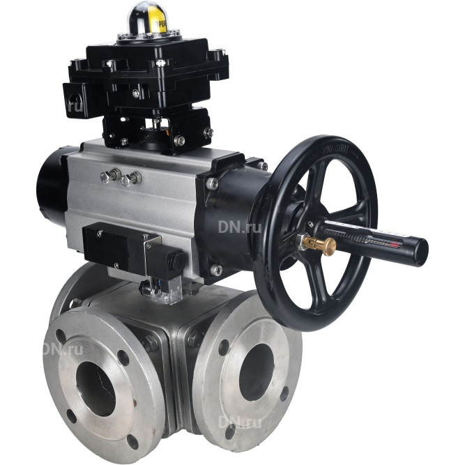 Кран шаровой BV3232P(4pc)-FP-3WL-F Ду100 Ру16 полнопроходной трехходовой, фланцевый, корпус - нержавеющая сталь SS316, с пневмоприводом PA-DA-105-1 двойного действия, пневмораспределителем 4M310-08 AC220V и БКВ APL-410N EX в Алматы