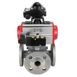 Кран шаровой BV3232P(4pc)-FP-3WL-F Ду20 Ру16 полнопроходной трехходовой, фланцевый, корпус - нержавеющая сталь SS316, с пневмоприводом PA-DA-052 двойного действия, пневмораспределителем 4M310-08 DC24V и БКВ APL-210N