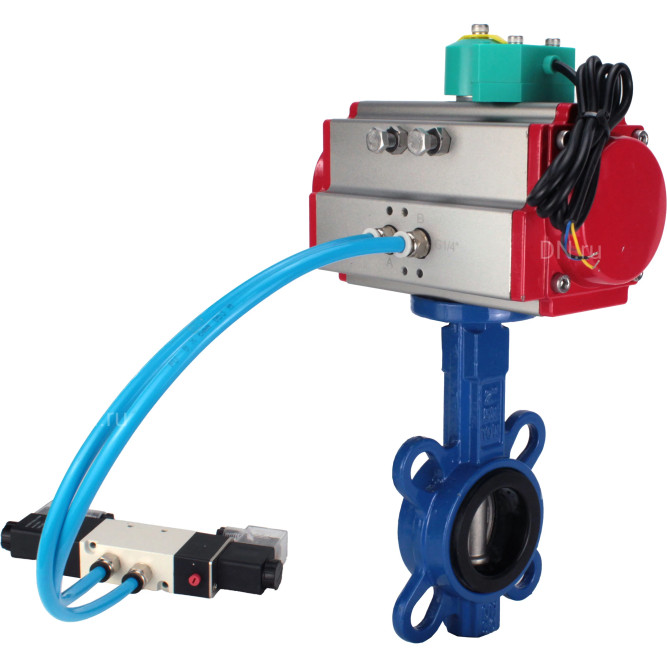 Затвор дисковый поворотный WBV1132N-2W-Fb-H Ду125 Ру16 корпус - чугун GG25, диск - нержавеющая сталь 316L, уплотнение - NBR, с пневмоприводом PA-DA-105, пневмораспределителем 4V320-10 AC220V и магнитным переключателем ALS200D в Алматы