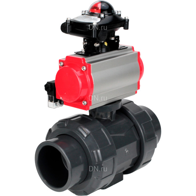 Кран шаровой BV4242E-FP-GRM-ISO Дн40 Ру10 полнопроходной, корпус - НПВХ, шар - НПВХ, уплотнение - EPDM, с пневмоприводом PA-SA-065, пневмораспределителем 4M310-08 DC24V и БКВ APL-210N в Алматы