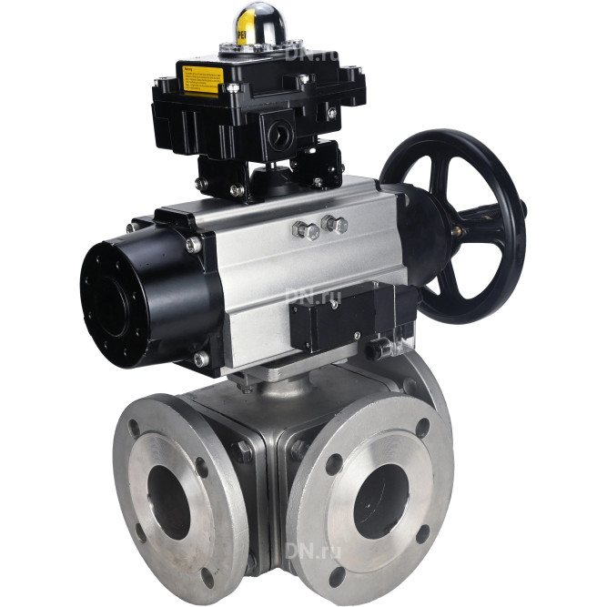 Кран шаровой BV3232P(4pc)-FP-3WL-F Ду100 Ру16 полнопроходной трехходовой, фланцевый, корпус - нержавеющая сталь SS316, с пневмоприводом PA-DA-105-1 двойного действия, пневмораспределителем 4M310-08 DC24V и БКВ APL-410N EX в Алматы