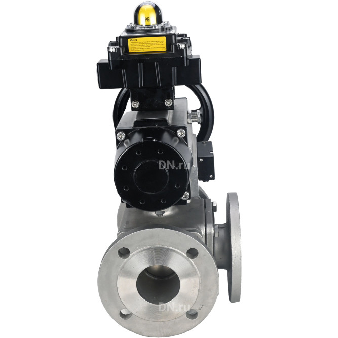 Кран шаровой BV3232P(4pc)-FP-3WL-F Ду100 Ру16 полнопроходной трехходовой, фланцевый, корпус - нержавеющая сталь SS316, с пневмоприводом PA-DA-105-1 двойного действия, пневмораспределителем 4M310-08 DC24V и БКВ APL-410N EX в Алматы