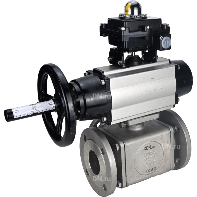 Кран шаровой BV3232P(4pc)-FP-3WL-F Ду100 Ру16 полнопроходной трехходовой, фланцевый, корпус - нержавеющая сталь SS316, с пневмоприводом PA-DA-105-1 двойного действия, пневмораспределителем 4M310-08 DC24V и БКВ APL-410N EX в Алматы