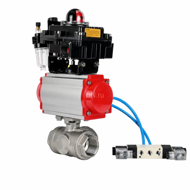 Кран шаровой BV3232P(4pc)-SP-3WL-T-ISO-H WDVF Ду32 Ру63 стандартнопроходной, 3-ходовой L-тип, внутренняя резьба, нержавеющая сталь AISI 316, PTFE, с пневмоприводом PA-DA-083, пневмораспределителем 4V320-10 AC220V, БКВ APL-410N EX и БПВ AFC2000 в Алматы
