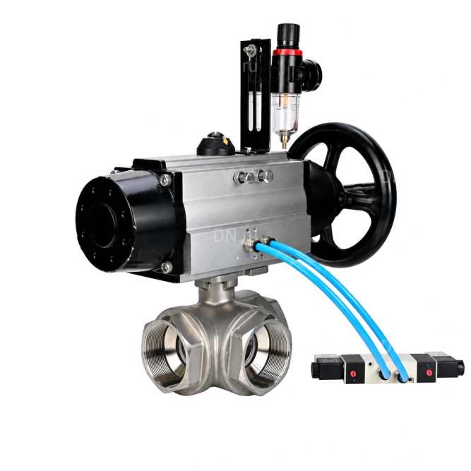 Кран шаровой BV3232P(4pc)-SP-3WL-T-ISO-H WDVF Ду65 Ру40 стандартнопроходной, 3-ходовой L-тип, внутренняя резьба, нержавеющая сталь AISI 316, PTFE, с пневмоприводом PA-DA-105-1, пневмораспределителем 4V320-08 AC220V и БПВ AFC2000 в Алматы