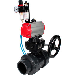 Кран шаровой BV4242E-FP-GRM-ISO Дн100 Ру10 полнопроходной, корпус - НПВХ, шар - НПВХ, уплотнение - EPDM, с пневмоприводом PA-DA-065, пневмораспределителем 4V320-08 AC220V, ручным дублером MON1-250-T26-ISO и БПВ AFC2000