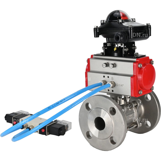 Кран шаровой BV3232P(3pc)-FP-F-ISO-H Ду40 Ру40, трехсоставной полнопроходной фланцевый, нержавеющая сталь SS316, уплотнение - PTFE, с пневмоприводом PA-SA-105 с возвратными пружинами, с пневмораспределителем 4V320-10 AC220V, с БКВ APL-210N в Алматы