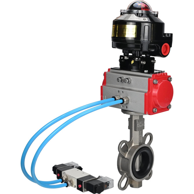 Затвор дисковый поворотный WBV3232V-2W-Fb-H Ду250 Ру16, корпус - нержавеющая сталь 316L, диск - нержавеющая сталь 316L, уплотнение - Viton, с пневмоприводом PA-DA-140 двойного действия, с пневмораспределителем 4V320-08 AC220V, с БКВ APL-510N EX в Алматы